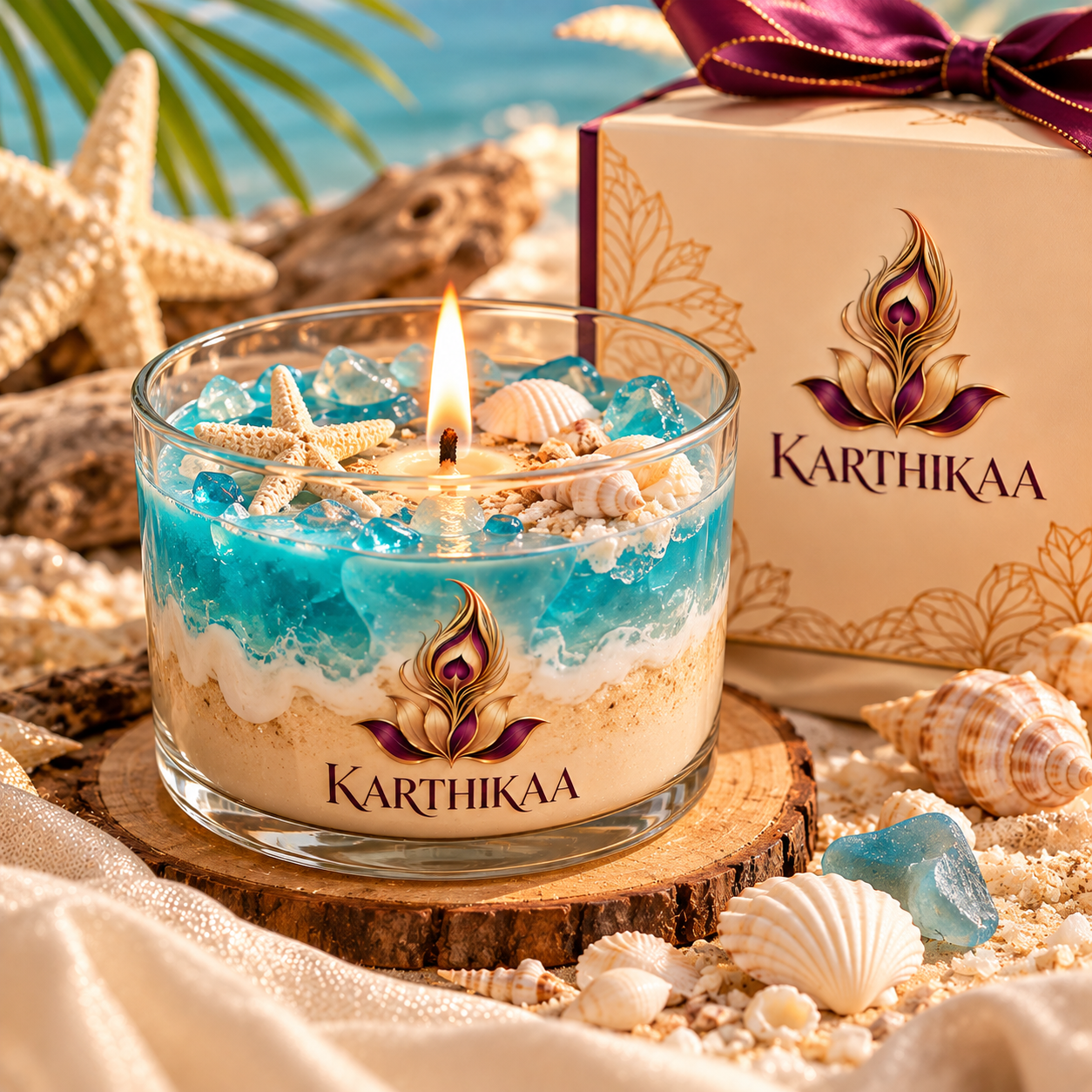 Karthikaa Beach View Candle — ocean-inspired candle with shells and sea glass