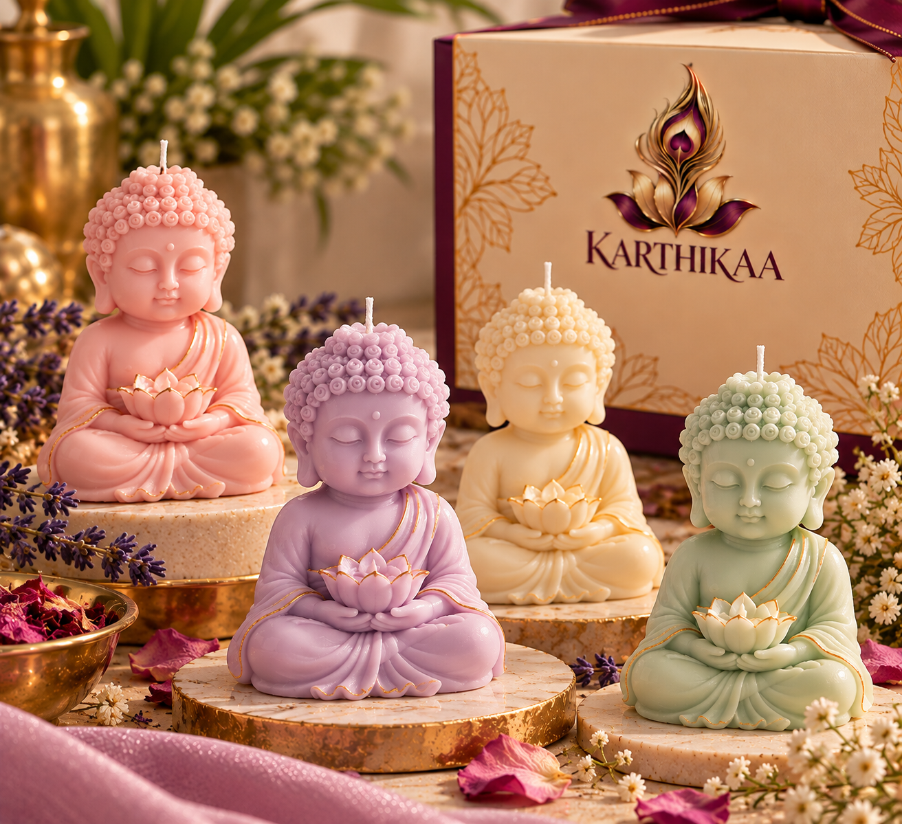 Karthikaa Pastel Buddha Candle — serene Buddha figurine candles in soft pastels