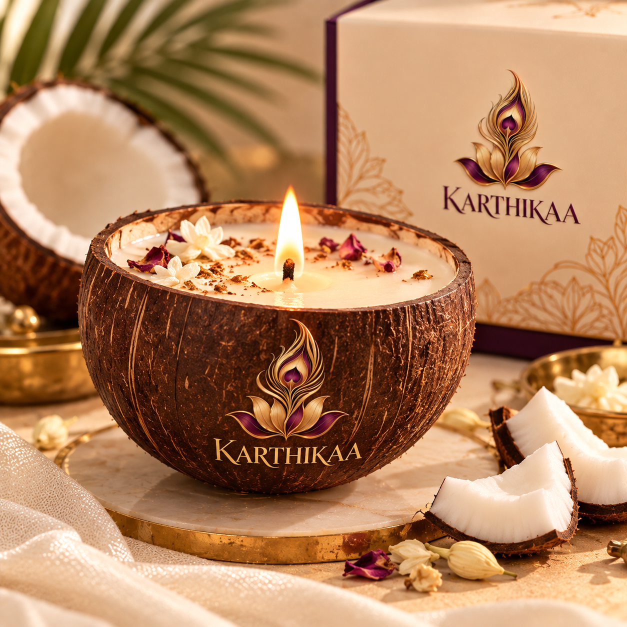 Karthikaa Coconut Candle — scented candle in a natural coconut shell with botanicals