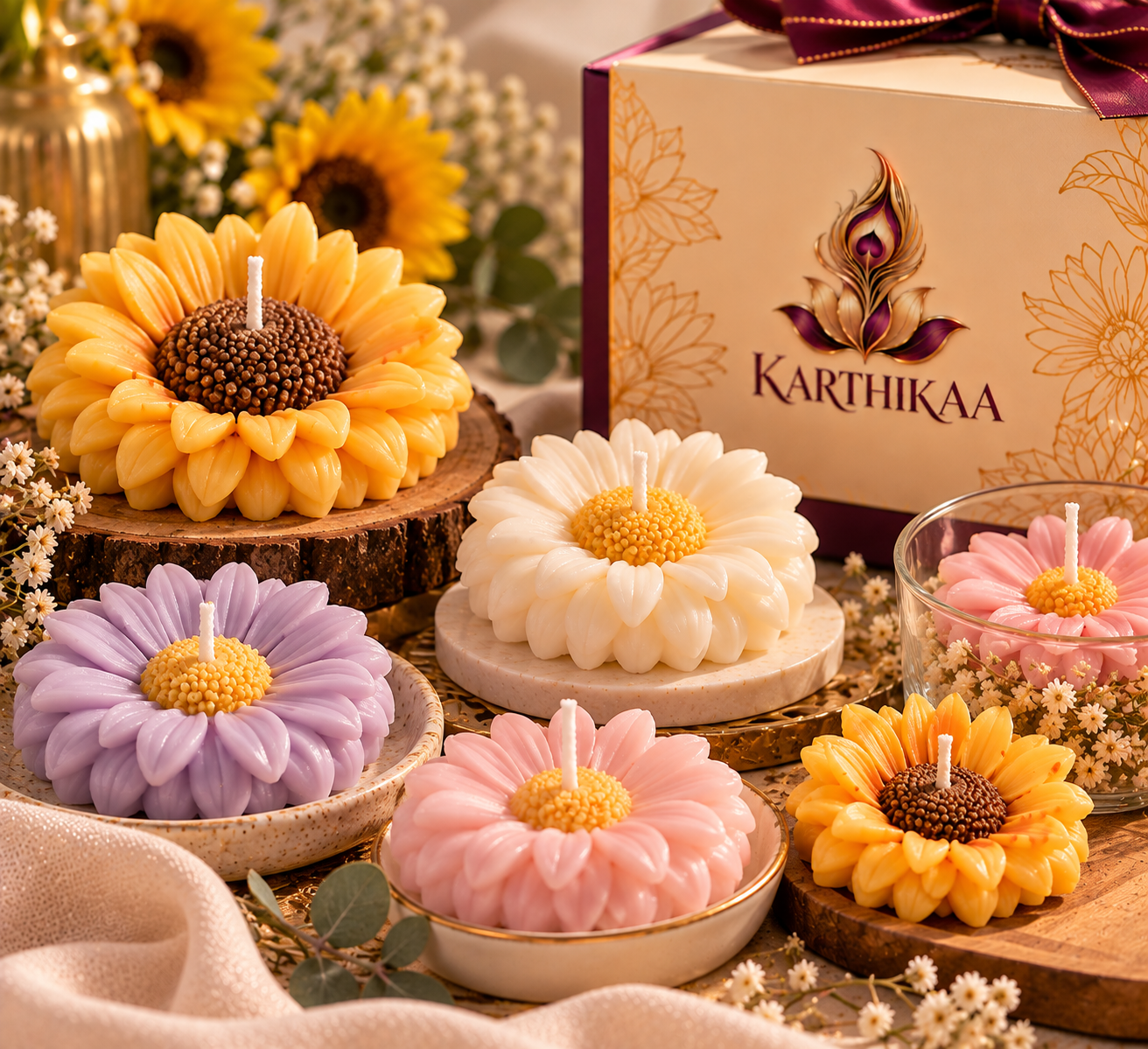 Karthikaa Daisy and Sunflower Candles — floral shaped candles in pastel colours
