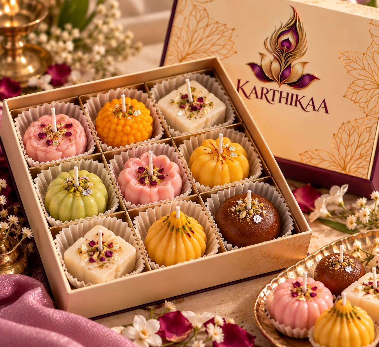 Karthikaa Mithai Candle Box — 9-piece assorted box of Indian sweet shaped candles