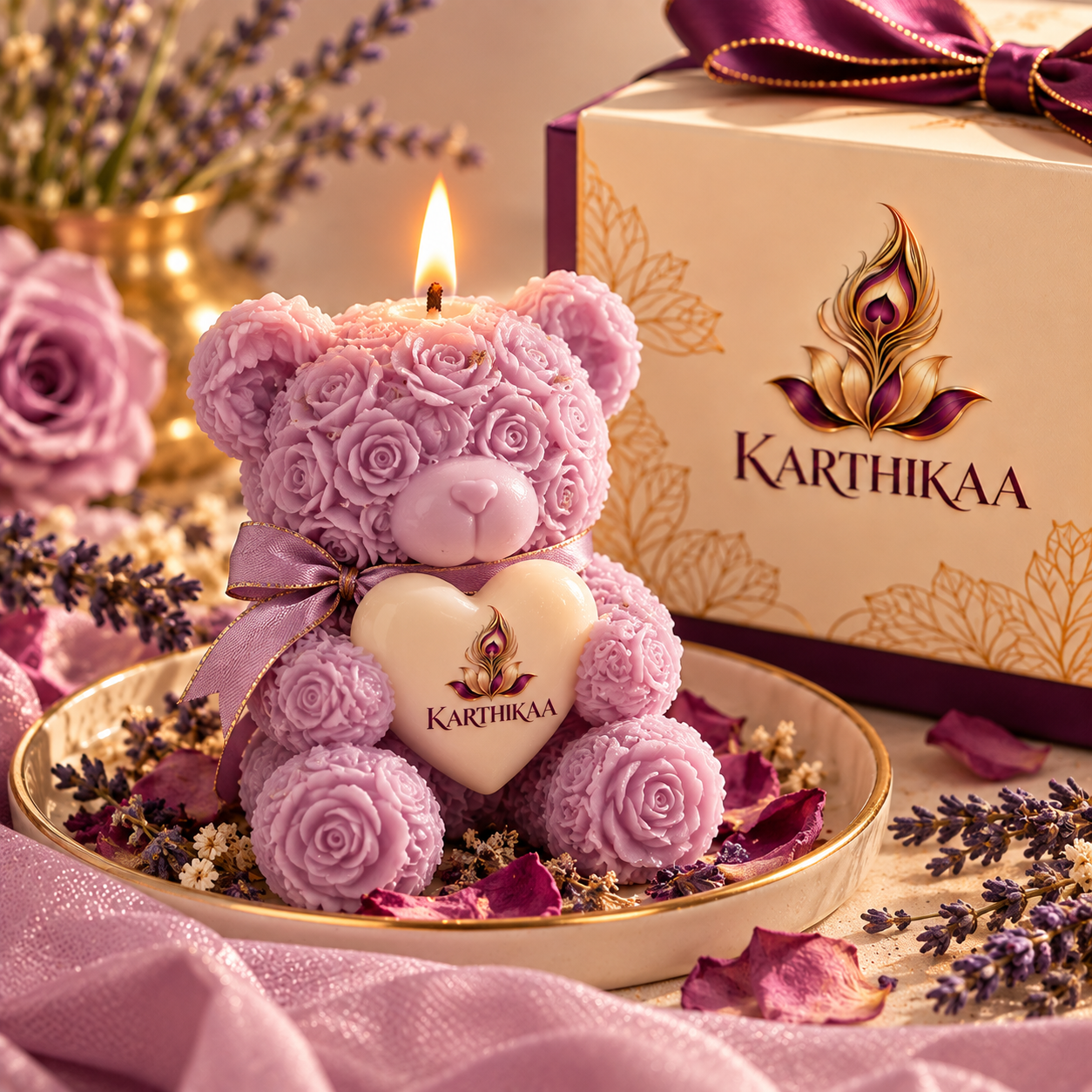 Karthikaa Lavender Teddy Candle — rose-covered teddy bear candle