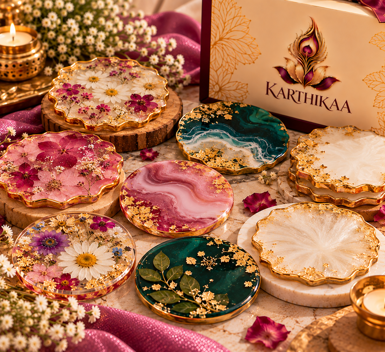 Karthikaa Resin Coasters — pressed flowers, marble effects, ocean waves and gold flakes