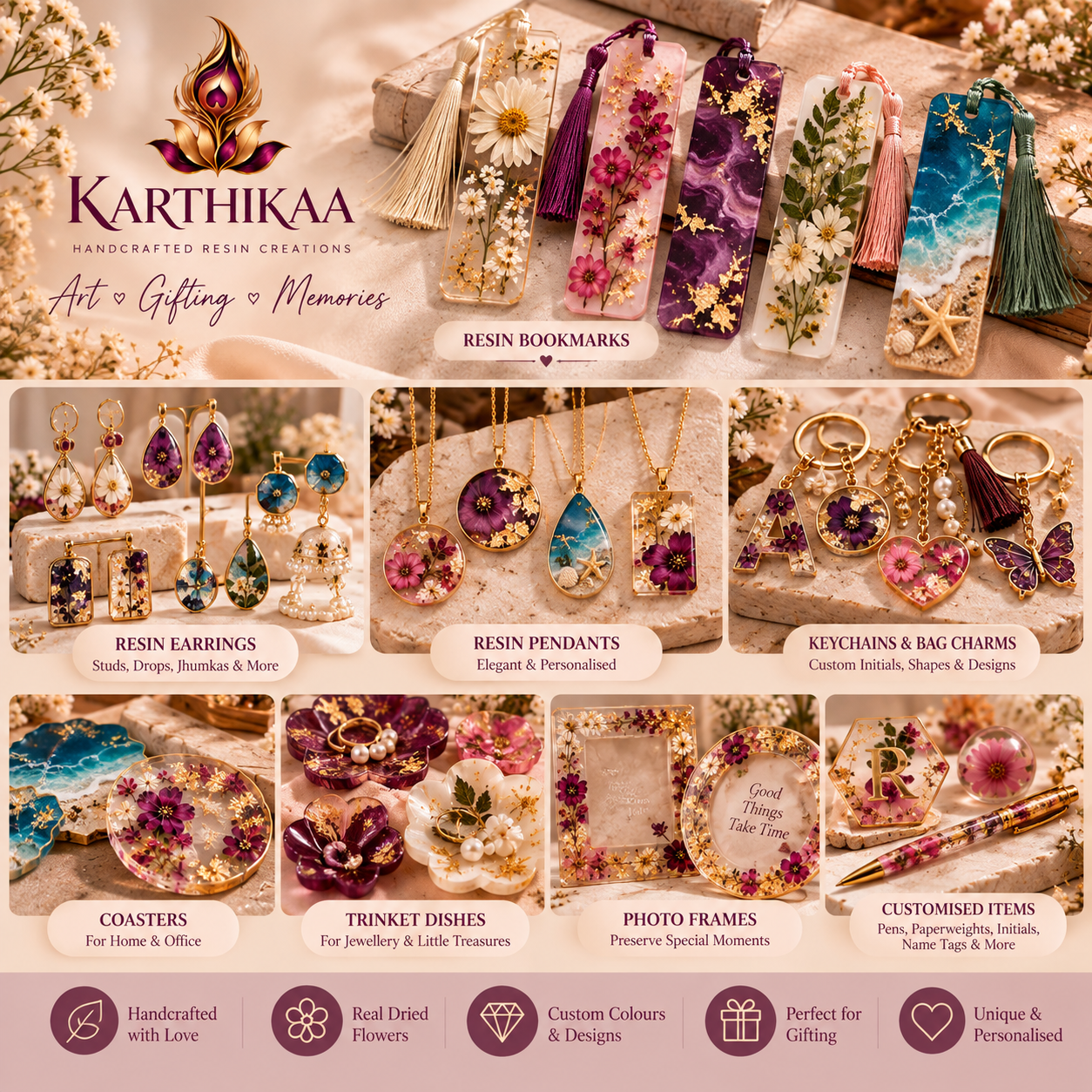 Karthikaa Custom Resin Creations — bookmarks, earrings, pendants, coasters, trinket dishes and more