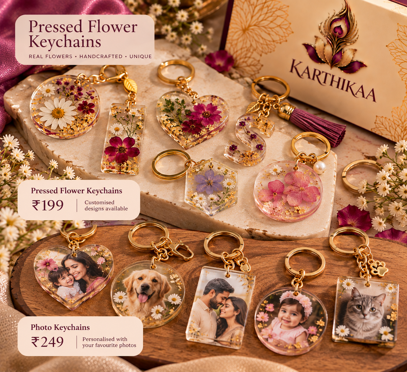 Karthikaa Pressed Flower and Photo Keychains — real flowers and personalised photos in resin