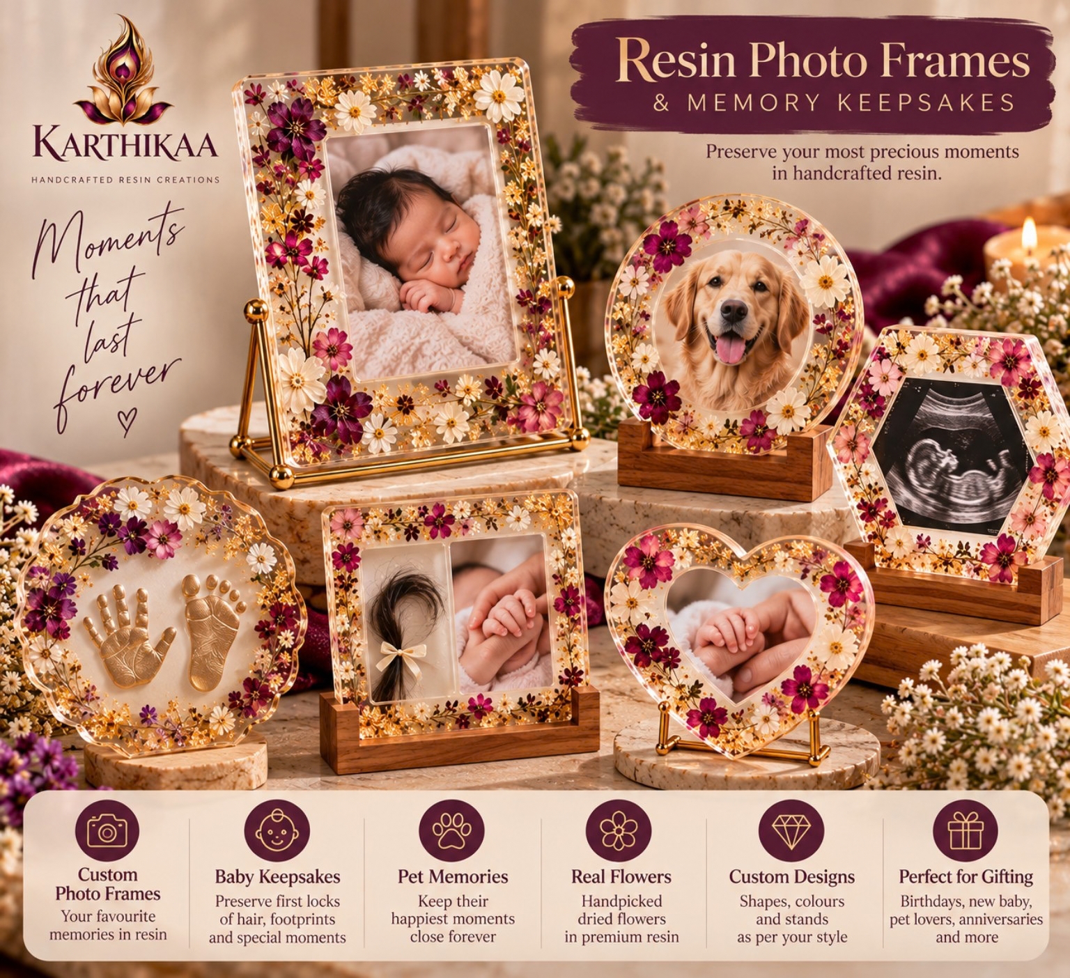 Karthikaa Resin Photo Frames and Memory Keepsakes — baby keepsakes, pet memories, pressed flowers