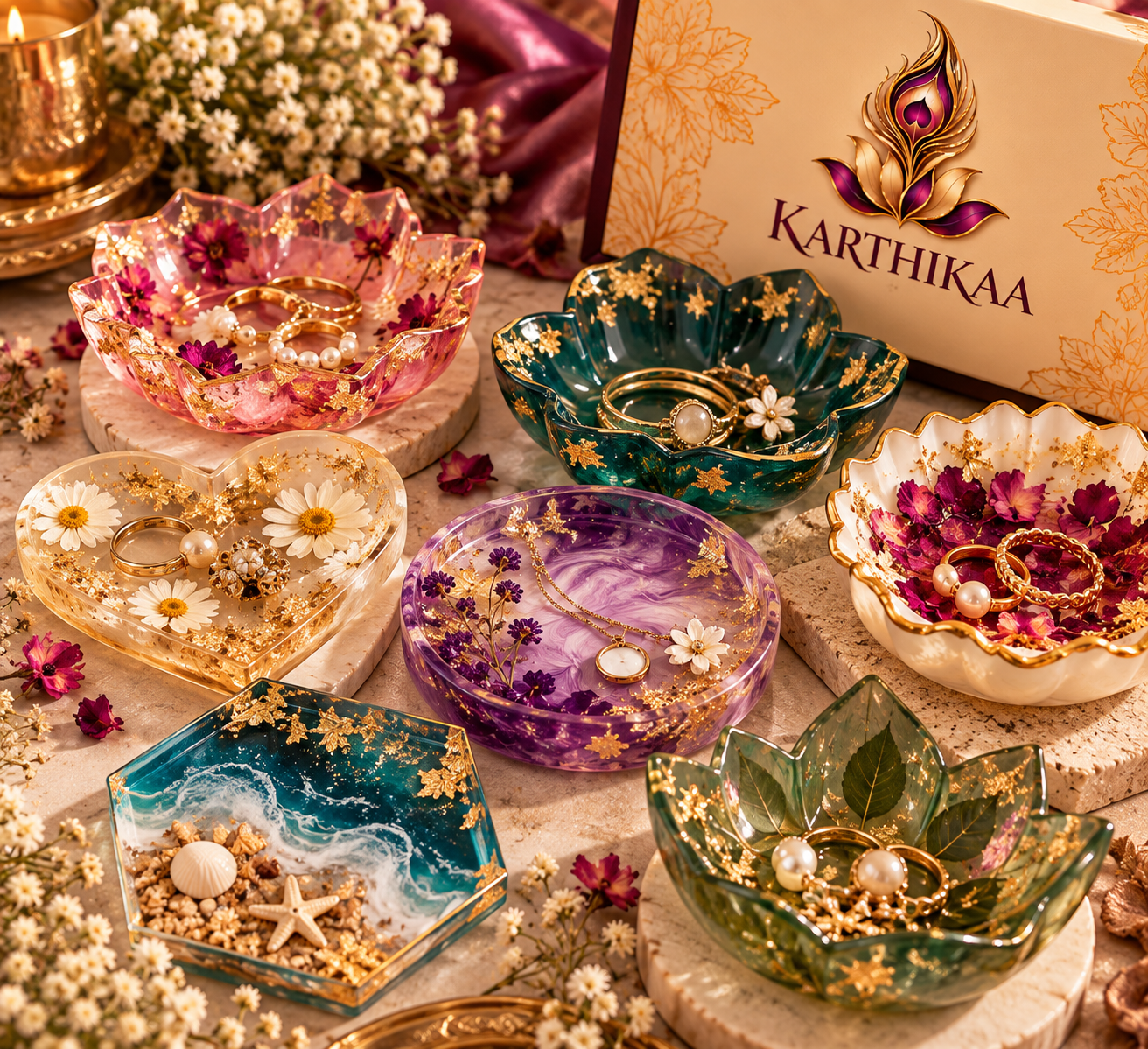 Karthikaa Resin Trinket Dishes — flower-shaped dishes with pressed flowers, ocean effects and gold flakes