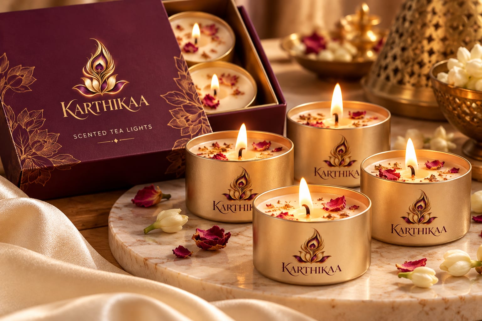 Karthikaa Scented Tea Lights — gold tins with rose petals and natural wax